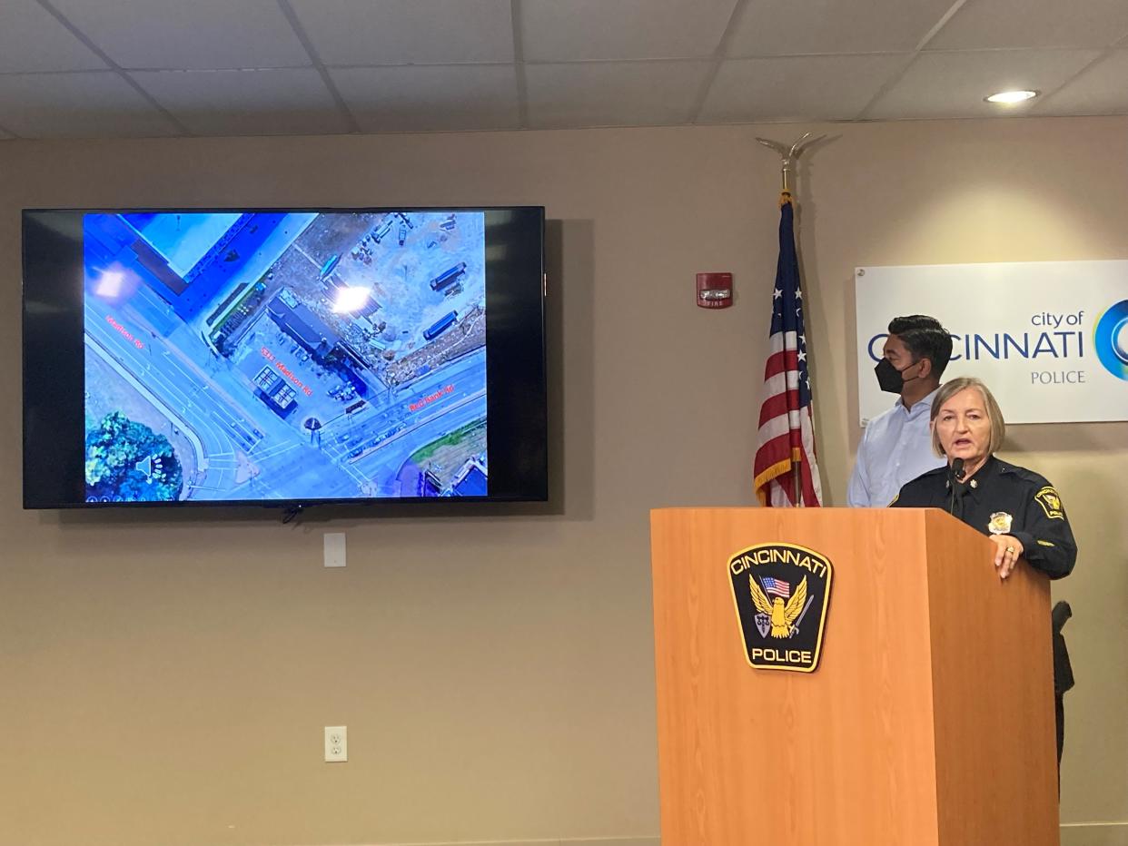 Interim Cincinnati Police Chief Teresa Theetge gives an update on an officer-involved shooting that took place Saturday evening in Madisonville. Also pictured is Cincinnati Mayor Aftab Pureval.