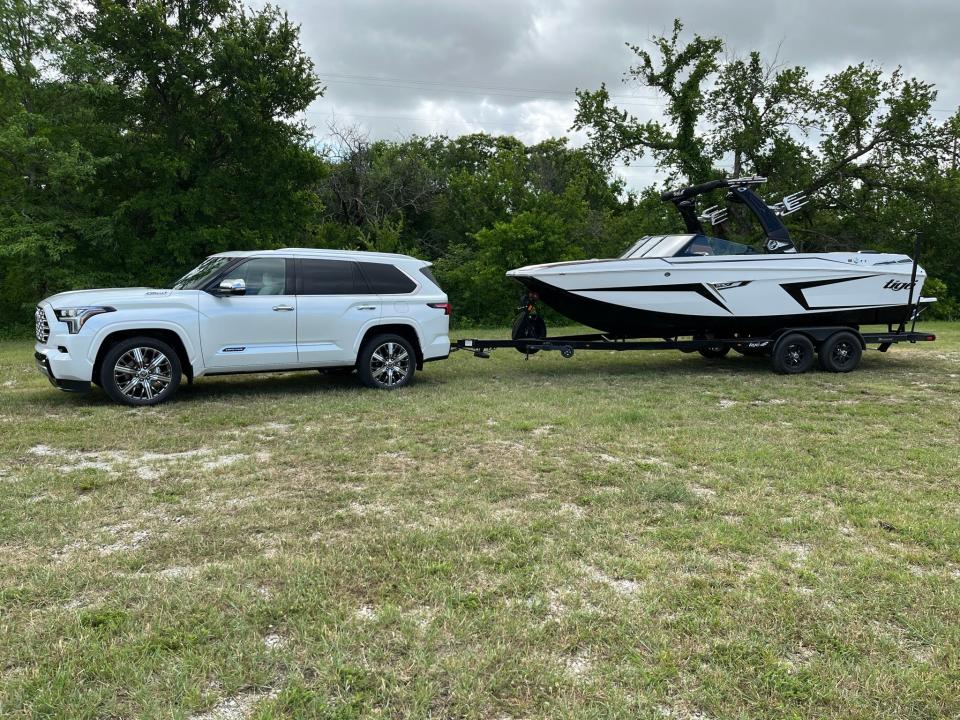 The 2023 Toyota Sequoia SUV with a 7,500-lb. boat.