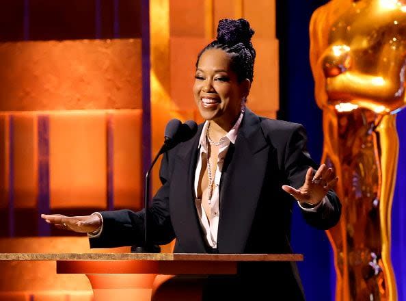 HOLLYWOOD, CALIFORNIA - JANUARY 09: Regina King speaks onstage during the Academy Of Motion Picture Arts & Sciences' 14th Annual Governors Awards at The Ray Dolby Ballroom on January 09, 2024 in Hollywood, California. (Photo by Kevin Winter/Getty Images)