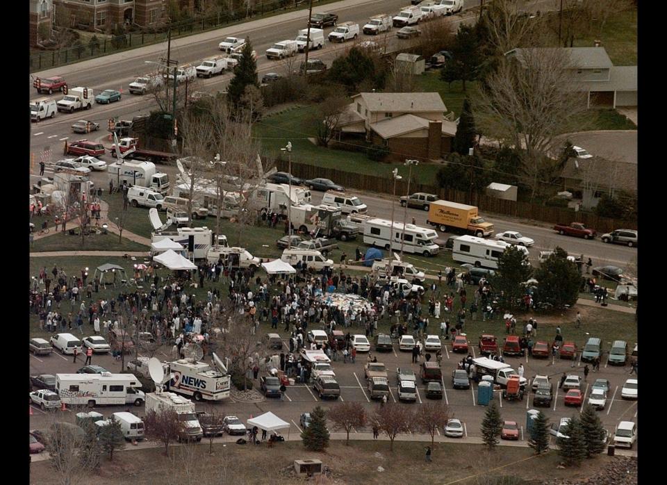 This aerial shows the news media compound near Columbine High School in Littleton, Colo., April 21, 1999. Media from around the world poured into the area after 15 people were killed during a shooting spree inside the school.