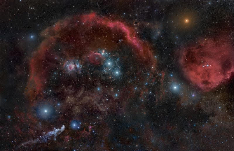Betelgeuse (top right, orange) in an image of the constellation Orion.