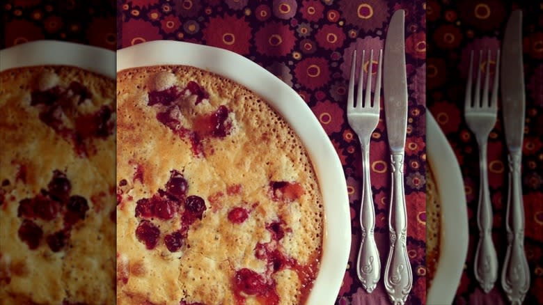 Cranberry pie on flower tablecloth 