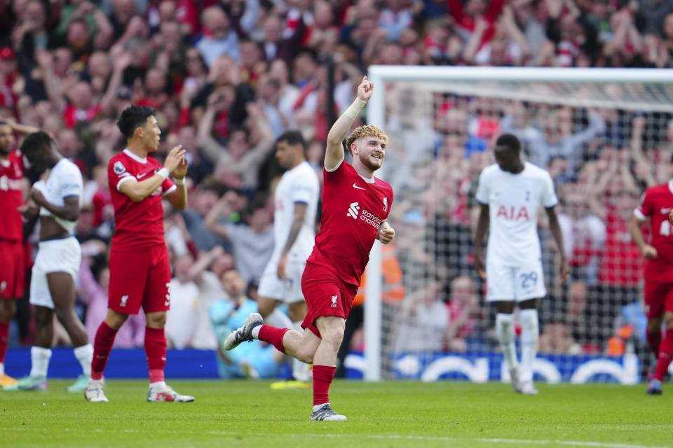 Liverpool's Harvey Elliottcelebrates scoring his side's 4th goal during the English Premier League soccer match between Liverpool and Tottenham Hotspur at Anfield Stadium in Liverpool, England, Sunday, May 5, 2024. (AP Photo/Jon Super)