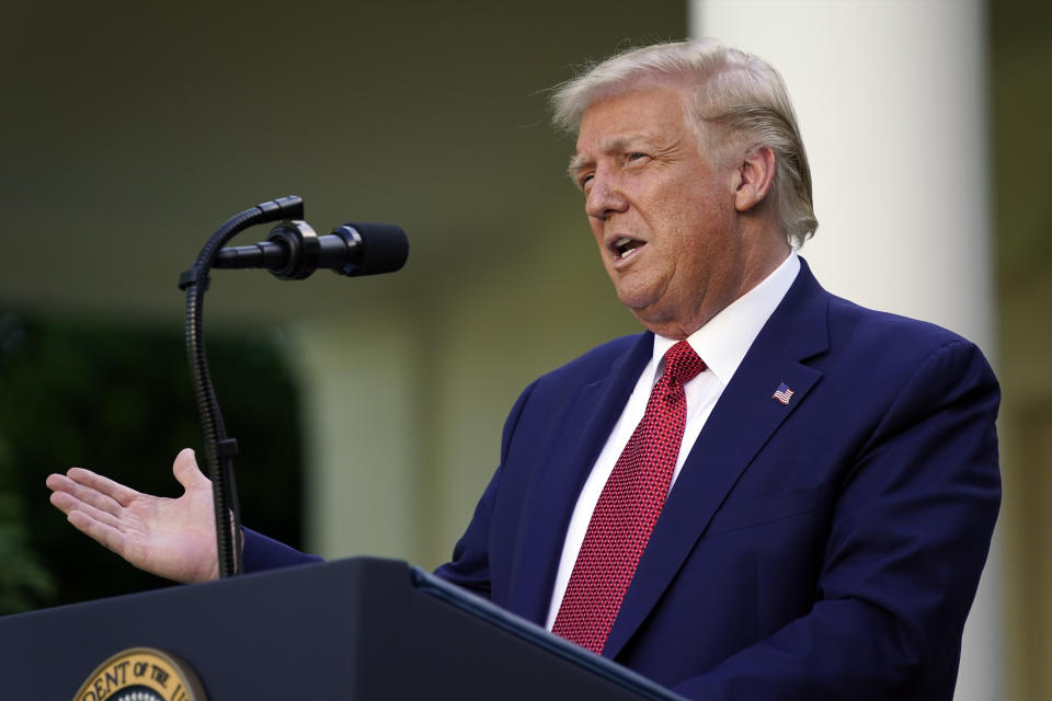 President Donald Trump speaks during a news conference in the Rose Garden of the White House, Tuesday, July 14, 2020, in Washington. (AP Photo/Evan Vucci)