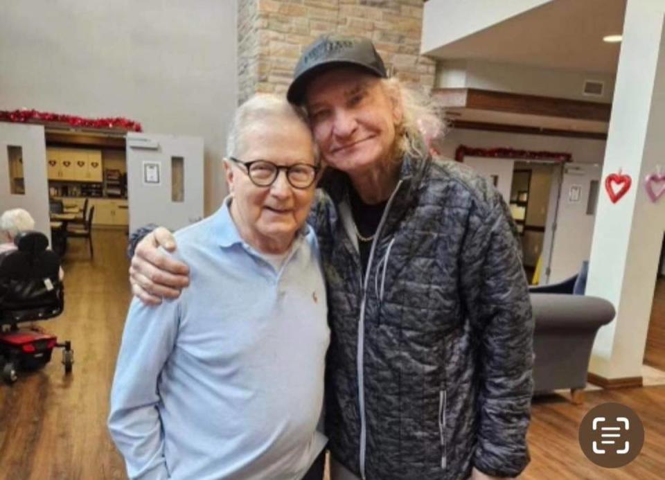 Rock guitarist Joe Walsh of the Eagles visited with Bob Heil at Addington Place Retirement and Assisted Living Center in Shiloh in February.