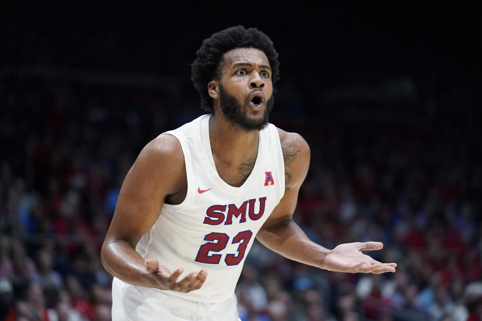 SMU forward Efe Odigie reacts after he was ruled out of bound during the first half of the team's NCAA college basketball game against Dayton, Friday, Nov. 11, 2022, in Dayton, Ohio. (AP Photo/Joshua A. Bickel)