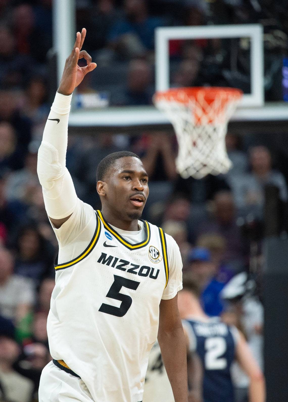 Missouri Tigers guard D’Moi Hodge (5) reacts after three-point basket during a game for the NCAA Tournament at Golden 1 Center in Sacramento, Thursday, March 16, 2023.