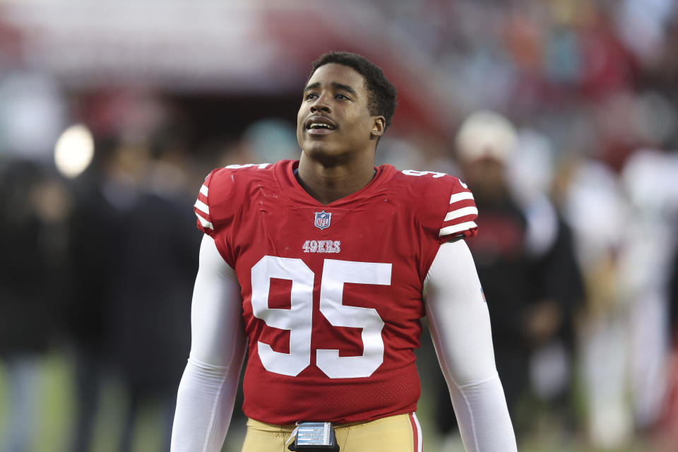 FILE - San Francisco 49ers defensive end Drake Jackson (95) leaves after a win against the Miami Dolphins in an NFL football game Sunday, Dec. 4, 2022, in Santa Clara, Calif. Drake Jackson’s promising rookie season for the San Francisco 49ers had a disappointing finish that has provided the fuel for his offseason. (AP Photo/Lachlan Cunningham, File)