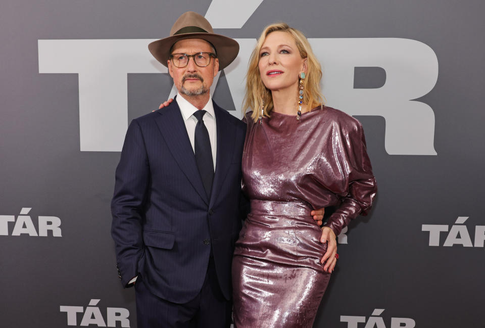 Todd Field and Cate Blanchett posing together on a red carpet