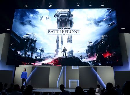 Sigurlina Ingvarsdottir, senior producer at EA Digital Illusions Creative Entertainment, introduces the new video game "Star Wars Battlefront" during the Electronic Arts media briefing before the opening day of the Electronic Entertainment Expo, or E3, at the Shrine Auditorium in Los Angeles, California June 15, 2015. REUTERS/Kevork Djansezian