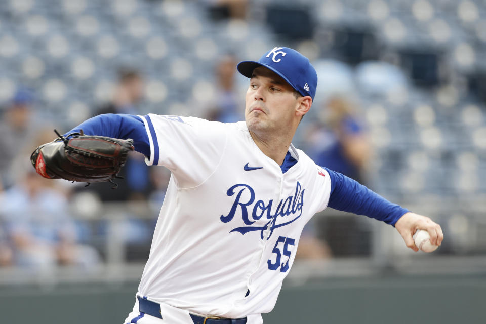 Kansas City Royals pitcher Cole Ragans delivers to a Milwaukee Brewers batter during the first inning of a baseball game in Kansas City, Mo., Monday, May 6, 2024. (AP Photo/Colin E. Braley)