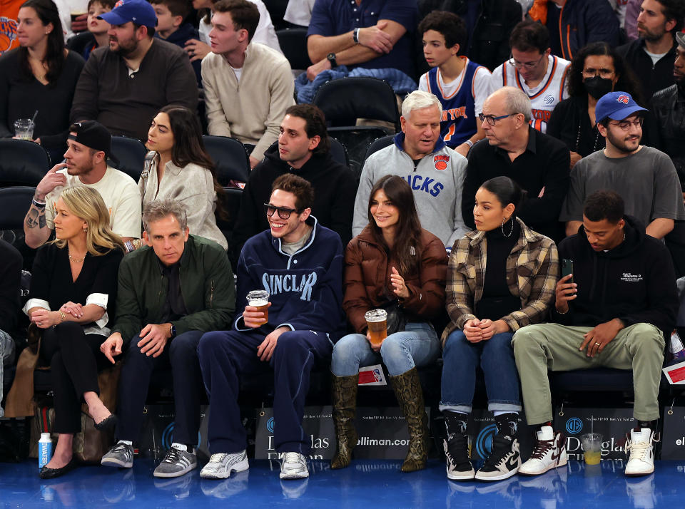 NEW YORK, NEW YORK - NOVEMBER 27:  Christine Taylor, Ben Stiller, Pete Davidson, Emily Ratajkowski, Jordin Sparks and Dana Isaiah watch the action during the game between the Memphis Grizzlies and the New York Knicks at Madison Square Garden on November 27, 2022 in New York City. (Photo by Jamie Squire/Getty Images)