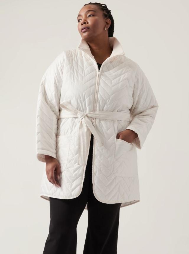 Quilted Puffer Jacket Coat - Kimono Wrap Style - Pale Beige White