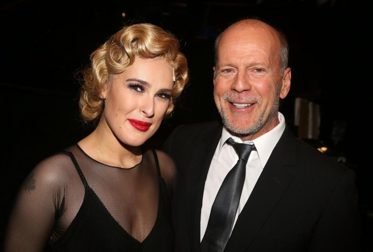 PHOTO: Rumer Willis and father Bruce Willis pose backstage as Rumer makes her broadway debut as 'Roxie Hart' in Broadway's 'Chicago,' Sept. 21, 2015, in New York. (Bruce Glikas/FilmMagic/Getty Images)