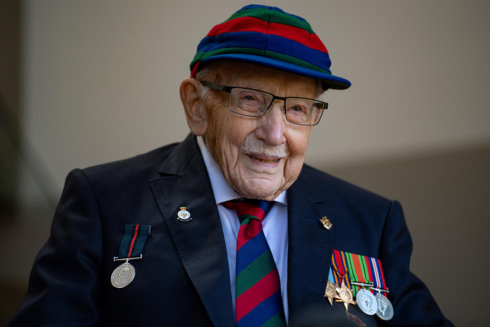 File photo dated 24/9/2020 of Captain Sir Tom Moore in Marston Moretaine, Bedford at the launch event for the Lloyd Scott Three Peaks Challenge. Captain Sir Tom Moore has died at the age of 100 after testing positive for Covid-19, his daughters Hannah and Lucy said in a statement. Issue date: Tuesday February 2, 2021.