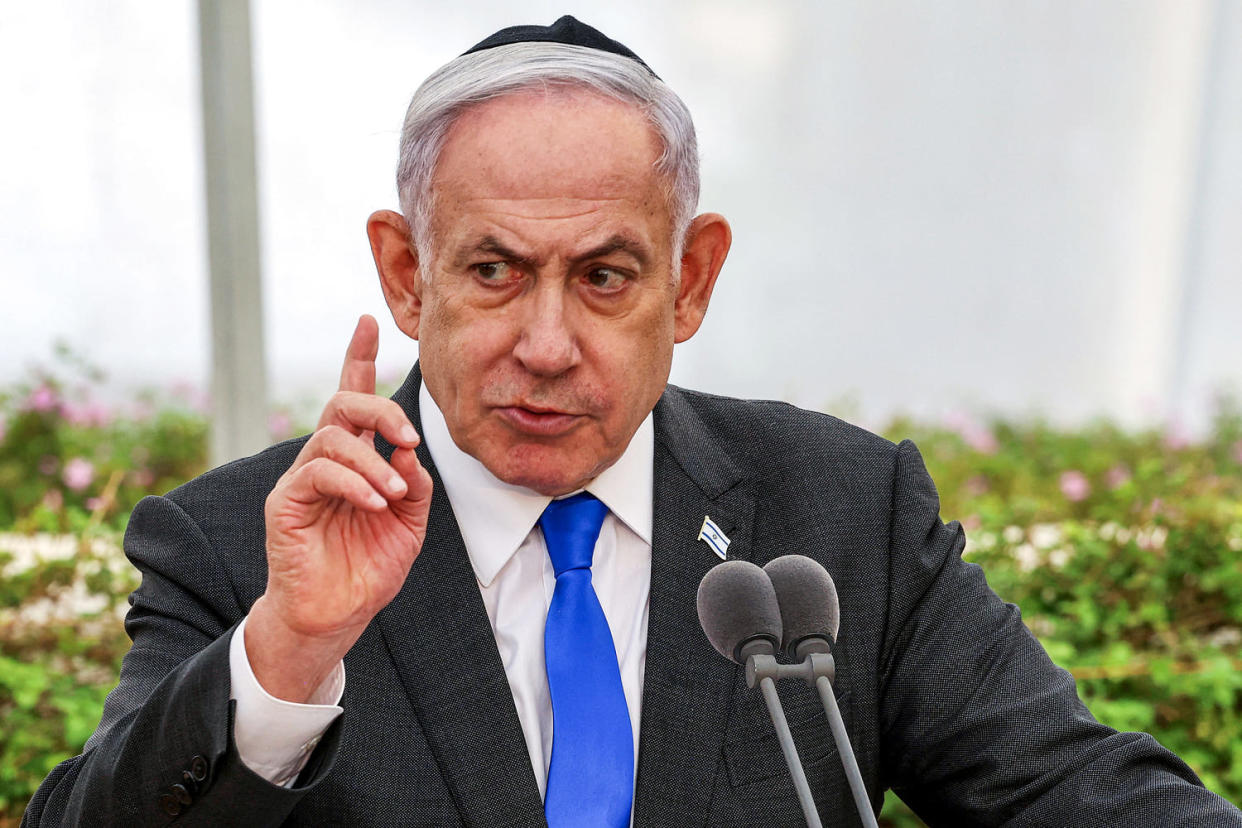 Israeli Prime Minister Benjamin Netanyahu speaks during a state memorial ceremony in Tel Aviv on June 18, 2024. (Shaul Golan / AFP - Getty Images)