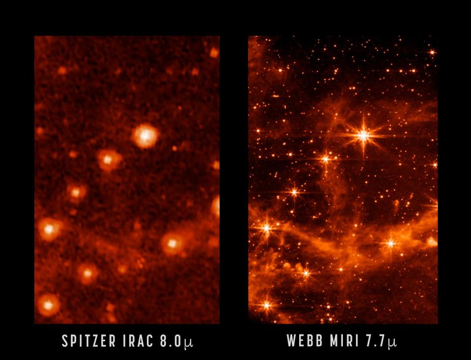 This combination of images provided by NASA on Monday, May 9, 2022, shows part of the Large Magellanic Cloud, a small satellite galaxy of the Milky Way, seen by the retired Spitzer Space Telescope, left, and the new James Webb Space Telescope.