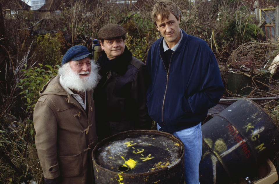 Actors (L-R) Buster Merryfield, David Jason and Nicholas Lyndhurst pictured filming scenes for episode 'Mother Nature's Son' of the television sitcom 'Only Fools and Horses', November 25th 1992. (Photo by Don Smith/Radio Times/Getty Images)