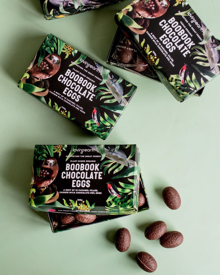 three packets of Boobook Chocolate Caramel Eggs from Loving Earth.