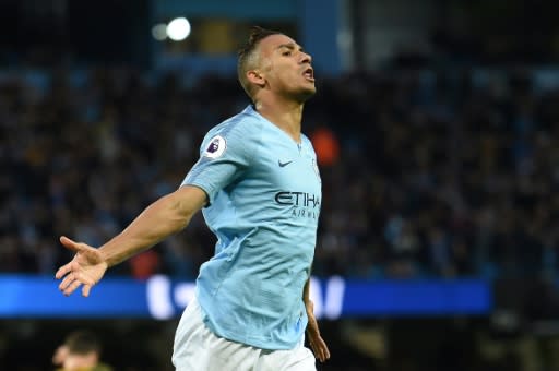 Manchester City's Danilo celebrates after scoring against Brighton on May 9, 2018