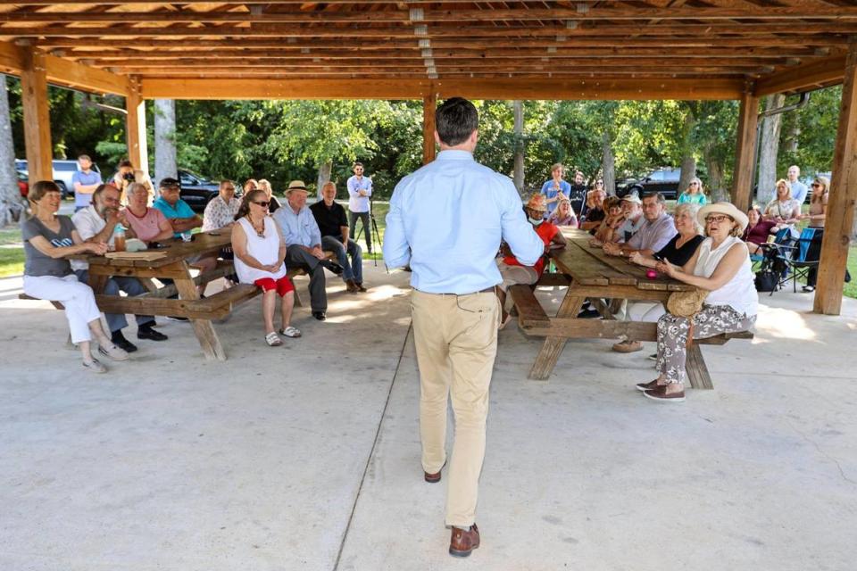 N.C. state senator Jeff Jackson, running for U.S. Senate as a democrat, speaks at a town hall gathering at Rock Creek Park in Albemarle, N.C., Thursday, June 17, 2021. NELL REDMOND