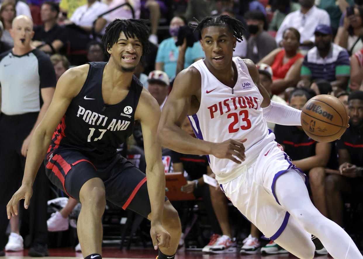 Detroit's Jaden Ivy drives against Portland's Shaedon Sharpe during the 2022 NBA Summer League at the Thomas & Mack Center in Las Vegas on July 7, 2022. (Ethan Miller/Getty Images)