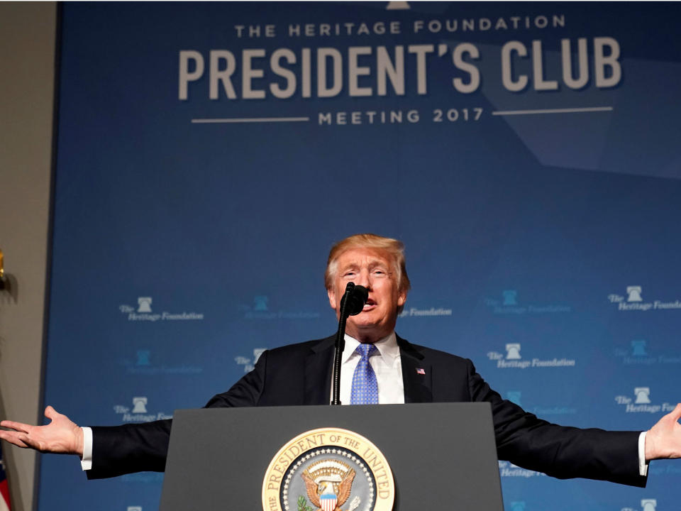 Donald Trump speaks to the Heritage Foundation's President's Club Meeting in Washington, DC on October 17, 2017: REUTERS/Joshua Roberts