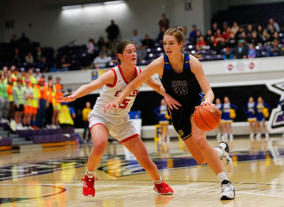 Ava Bears senior Sara Mendel drives downcourt as the Bears take on the Southern Boone Eagles in a Class 4 girls quarterfinal matchup at Southwest Baptist University on Saturday, March 11, 2023.