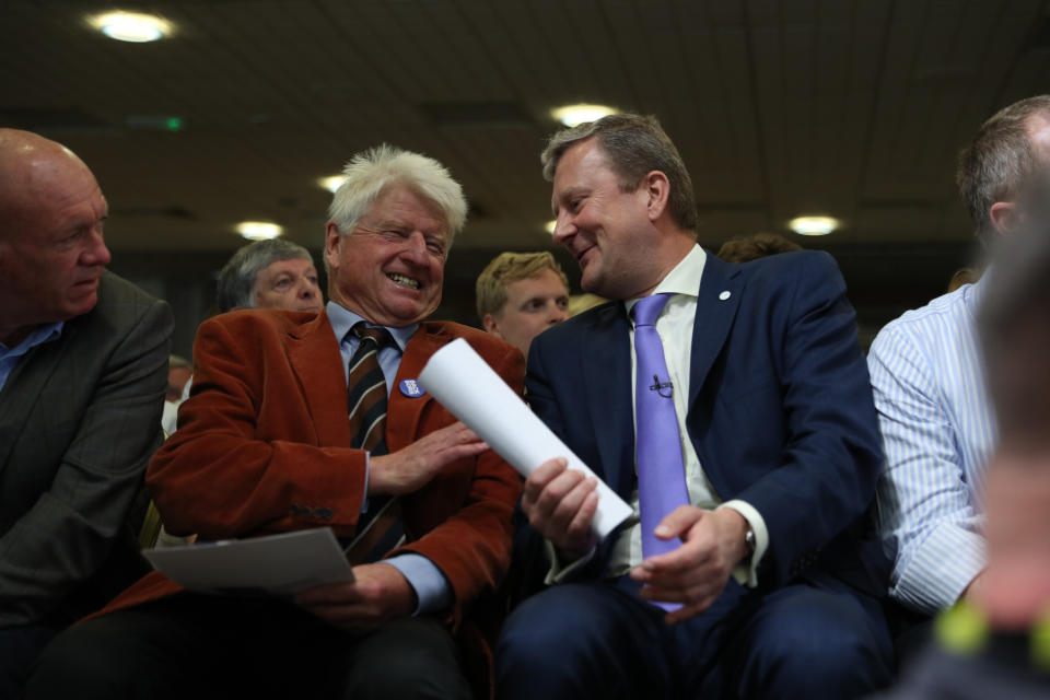 Conservative party leadership contender Boris Johnson's father Stanley Johnson (left) watching his son speak in Exeter during a Tory leadership hustings.