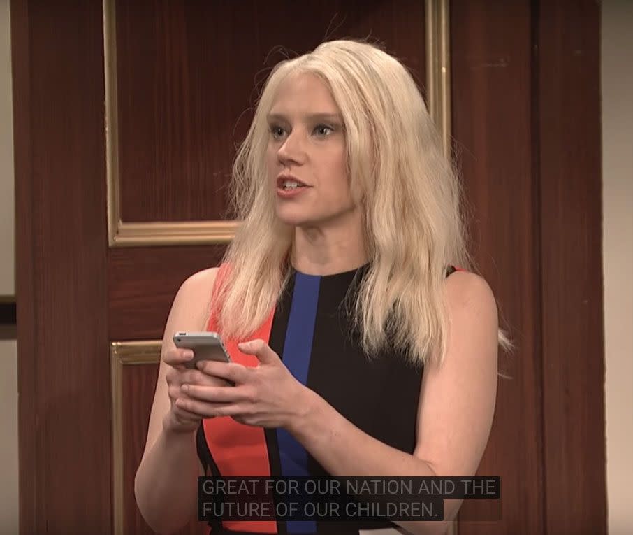 Kate McKinnon played the part of Kellyanne Conway, a Republican campaign manager. Photo: SNL/YouTube