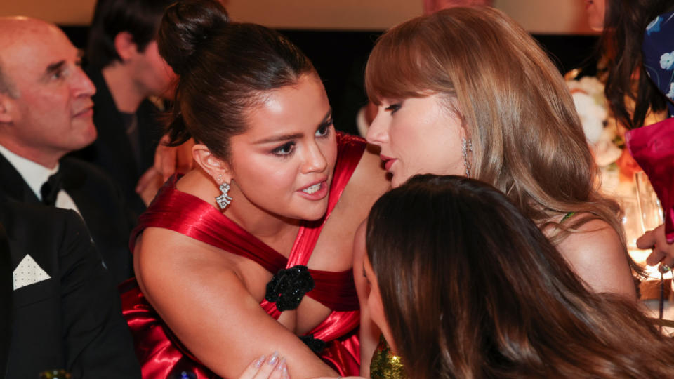 Selena Gomez and Taylor Swift at the 81st Golden Globe Awards held at the Beverly Hilton Hotel on January 7, 2024 in Beverly Hills, California.