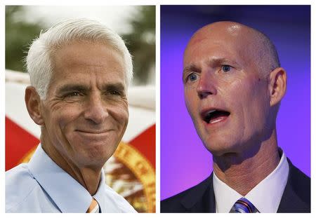 Combination file photos show former Republican Governor Charlie Crist (L), now running for the Democrats, addressing supporters during a rally in St. Petersburg, Florida, November 4, 2013 and Florida Republican Governor Rick Scott speaking at a ceremony in Doral, Florida August 28, 2013. REUTERS/Steve Nesius/Joe Skipper