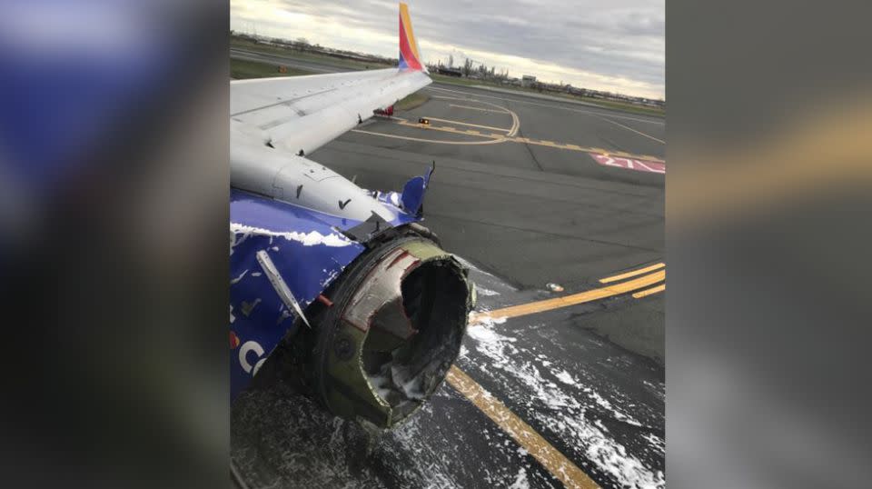 Mr Martinez captured this image of the blown out engine after the plane touched down in Philadelphia. Source: Facebook/Marty Martinez