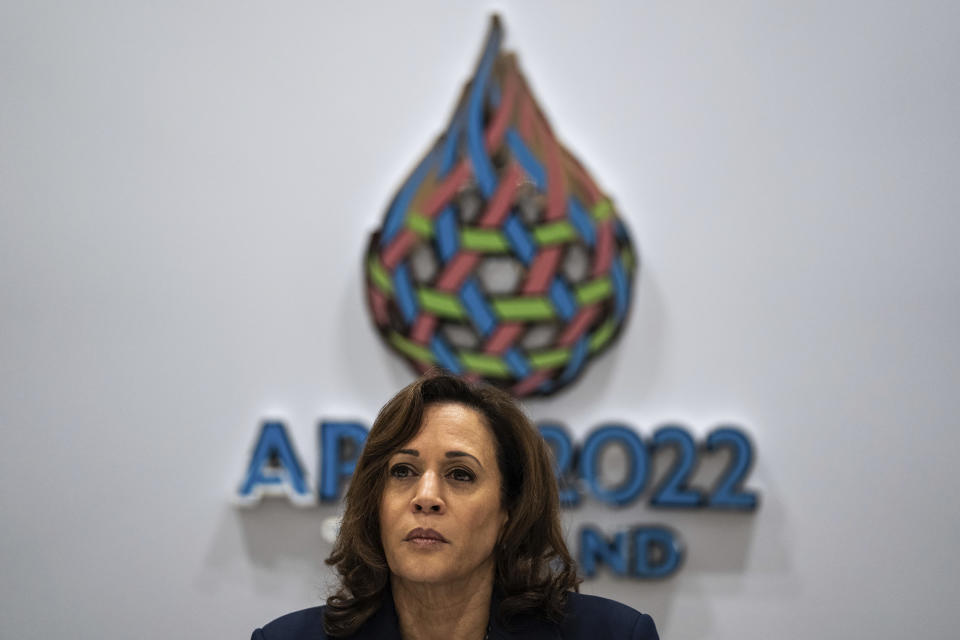 U.S. Vice President Kamala Harris holds a meeting with Canadian Prime Minister Justin Trudeau, Japanese Prime Minister Fumio, South Korean Prime Minister Han Duck-soo, Australian Prime Minister Anthony Albanese, New Zealand's Prime Minister Jacinda Ardern to discuss North Korea's recent ballistic missile launch during the Asia-Pacific Economic Cooperation (APEC) summit, Friday, Nov. 18, 2022, in Bangkok, Thailand. (Haiyun Jiang/Pool Photo via AP)