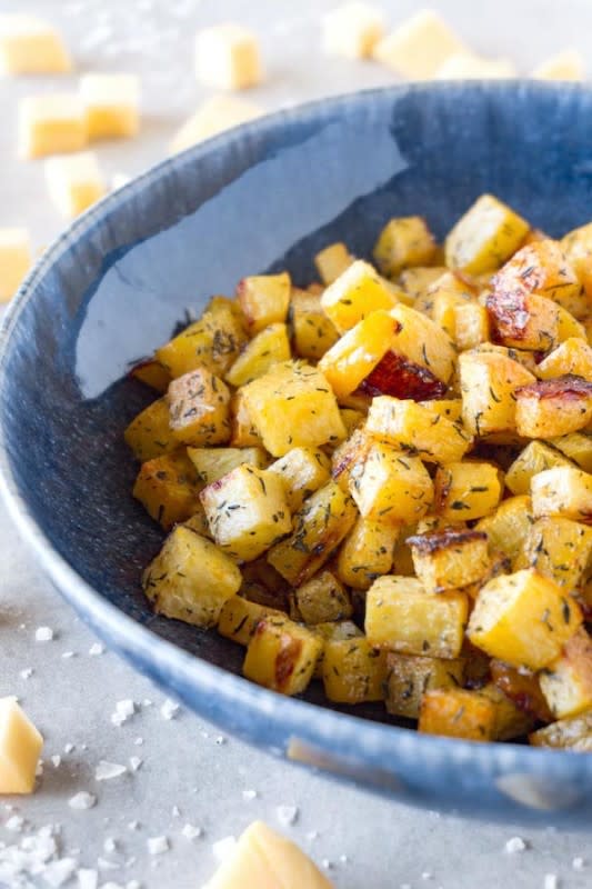 <p>Here to Cook</p><p>A delicious and healthy low carb keto side dish–this oven roasted rutabaga recipe is ready in 20 minutes and can be enjoyed with the meat or fish main dishes of your choice.</p><p><strong>Get the recipe: <a href="https://heretocook.com/oven-roasted-rutabaga-recipe/" rel="nofollow noopener" target="_blank" data-ylk="slk:Oven Roasted Rutabaga;elm:context_link;itc:0;sec:content-canvas" class="link rapid-noclick-resp"><em>Oven Roasted Rutabaga</em></a></strong></p>