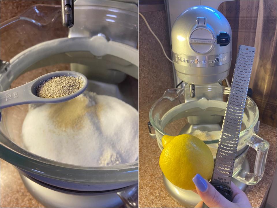 Side by side of yeast in a teaspoon and a lemon and zester tool in front of a kitchen aid standing mixer.