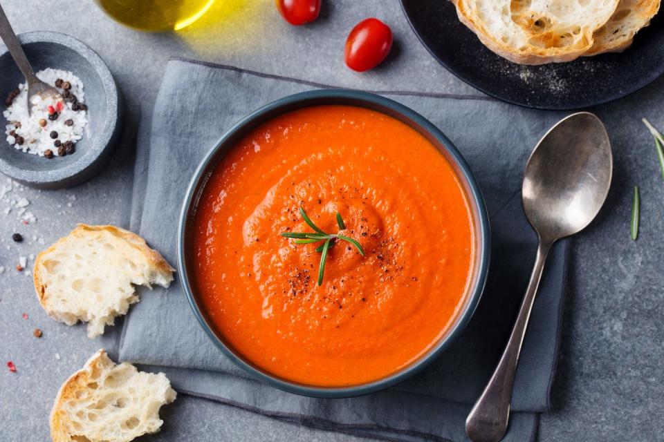 <p>If you’re a fan of homemade salsa, you’re going to love gazpacho, which gives you an excuse to slurp tomato-y goodness by the spoonful. Refreshing, hydrating, and full of nutrients, gazpacho is summer’s official answer to soup, but there's no rule you can't have it in the winter.</p><p><a class="link " href="https://www.skinnytaste.com/gazpacho/" rel="nofollow noopener" target="_blank" data-ylk="slk:GET THE RECIPE;elm:context_link;itc:0;sec:content-canvas">GET THE RECIPE</a></p><p><em>Per </em><em>serving</em><em>: 82 calories, 5 g fat (1 g saturated), 9 g carbs, 2 g sugar, 13 mg sodium, 2 g fiber, 2 g protein</em></p>