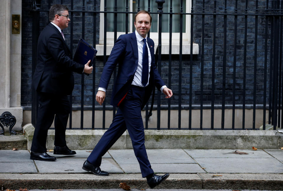 Britain's Health and Social Care Secretary Matt Hancock is seen outside Downing Street in London, Britain, October 16, 2019. REUTERS/Henry Nicholls