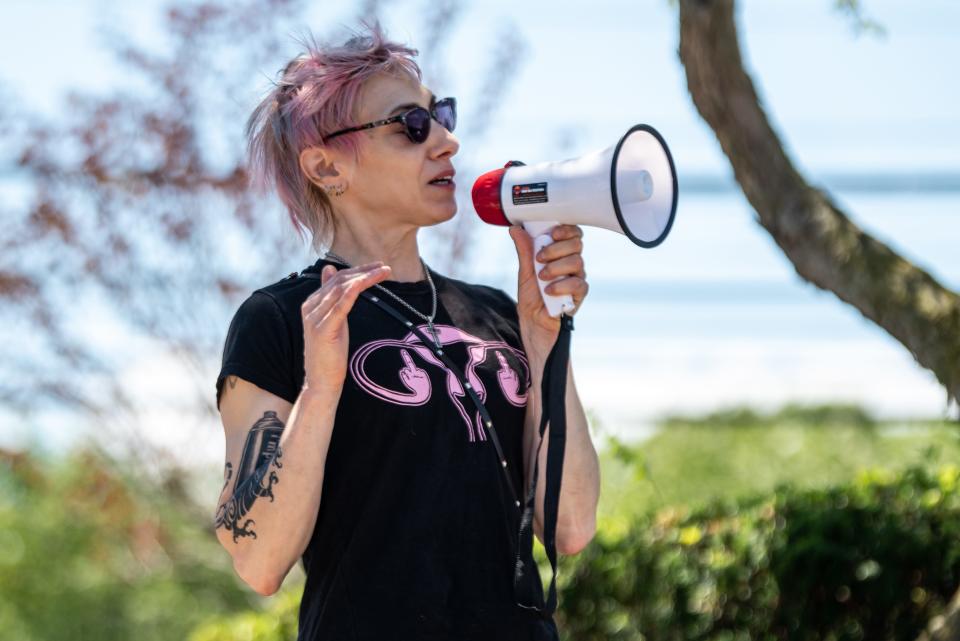 Jessica Arenella speaks during a rally at Veterans' Memorial in Wayne to support abortion-rights after the Supreme Court overruled Roe v. Wade. The rally is held on Saturday June 25, 2022. 