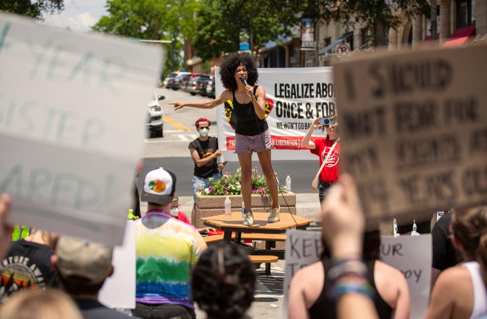 Commissioner Mariah Parker delivers a speech during an abortions rights rally in response to the U.S. Supreme Court decision overturning Roe v. Wade on Saturday, June 25, 2022 in downtown Athens. 