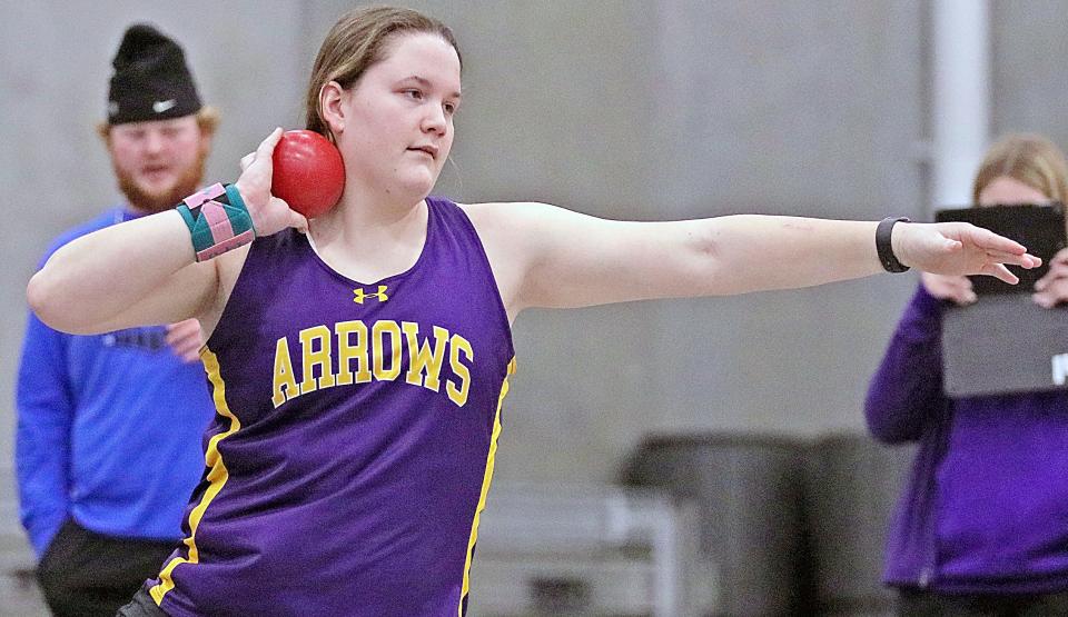 Watertown's Malia Kranz competes in the girls shot put during the Mitchell Indoor Invite on Thursday, April 6, 2023, at the Corrigan Fieldhouse in Mitchell.