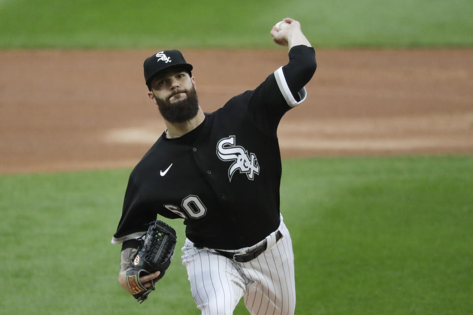 Chicago White Sox starting pitcher Dallas Keuchel throws to a Milwaukee Brewers batter during the first inning of a baseball game in Chicago, Wednesday, Aug. 5, 2020. (AP Photo/Nam Y. Huh)