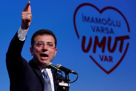 Ekrem Imamoglu, main opposition Republican People's Party (CHP) Istanbul mayoral candidate, speaks during his campaign coordination meeting in Istanbul, Turkey, May 22, 2019. REUTERS/Murad Sezer