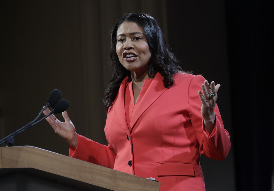 FILE - In this Jan. 30, 2019, file photo, Mayor London Breed speaks during her state of the city address in San Francisco. The National Rifle Association is declaring victory after San Francisco Mayor London Breed told city departments to ignore part of a resolution labeling the NRA a "terrorist organization." (AP Photo/Jeff Chiu, file)