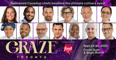 L to R: Chefs Andrea Nicholson, Tre Sanderson, Dale MacKay, Lynn Crawford, Mark McEwan, Christine Cushing, Nuit Regular, Roger Mooking, Massimo Capra, Steve Hodge, Suzanne Barr, Afrim Pristine, and host Noah Cappe. Image courtesy of: Food Network Canada. (CNW Group/Corus Entertainment Inc.)