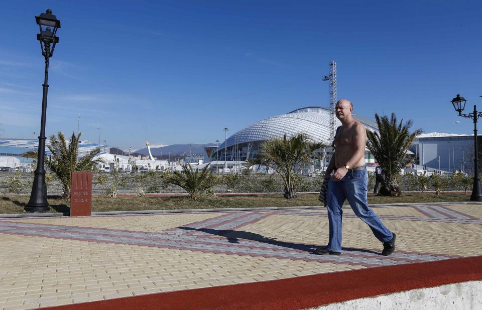 A man enjoys a sunny day as the Olympic Cauldron and flame are seen in the Olympic Park, during the 2014 Winter Olympic Games in Sochi February 12, 2014. REUTERS/Shamil Zhumatov