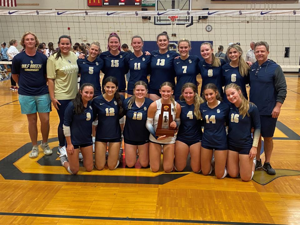 The Gulf Breeze volleyball team took home its fifth consecutive district championship with a 3-0 sweep over Navarre at Gulf Breeze High School on Thursday, Oct. 19, 2023.