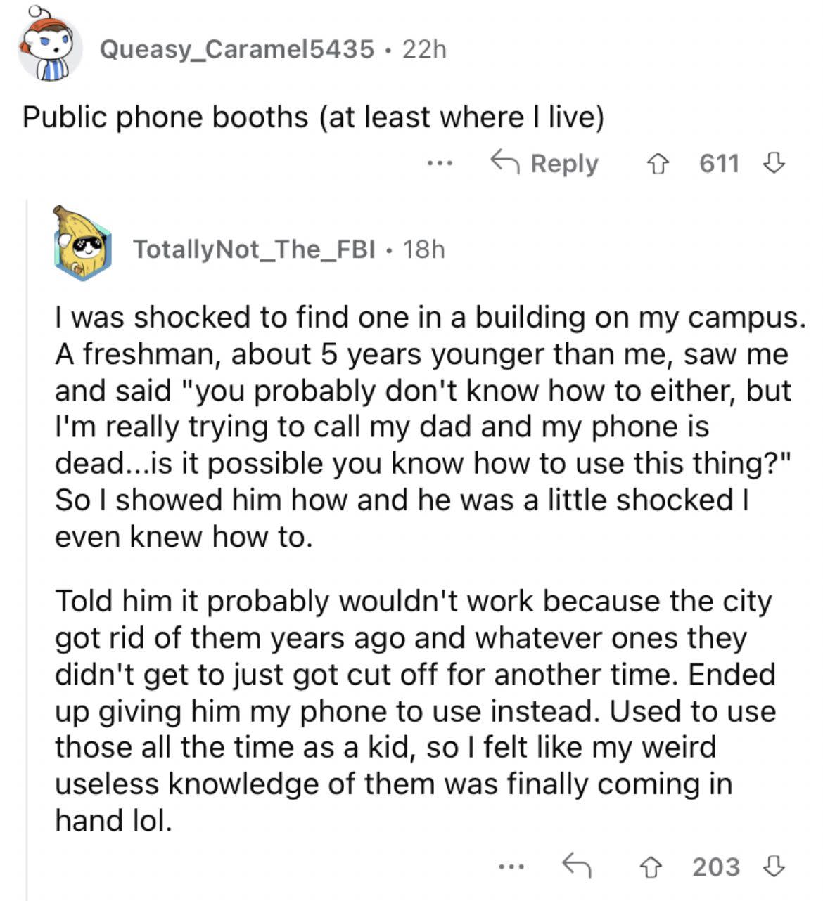 Reddit screenshot about how public phone booths are getting faded out.