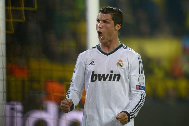 Real Madrid's forward Cristiano Ronaldo celebrates scoring against Borussia Dortmund on April 24, 2013 in Dortmund