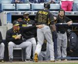 Pittsburgh Pirates right fielder Gregory Polanco (62) is greeted by teammates after hitting a home run during the first inning of an exhibition baseball game against the New York Yankees Thursday, Feb. 27, 2014, in Tampa, Fla. (AP Photo/Charlie Neibergall)